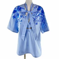 極美品◇GUCCI グッチ 788835 レザー使い ホースビット リボンタイ付き コットン100％ 半袖シャツ 青系 36 イタリア製 正規品 レディースのサムネイル