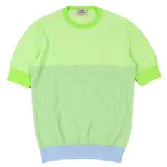 極美品△HERMES エルメス コットン100% クルーネック バイカラー 半袖ニット ライトグリーン ライトブルー XS イタリア製 メンズのサムネイル