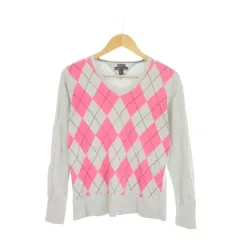 トミーヒルフィガー TOMMY HILFIGER コットンニット セーター M グレー ピンク アーガイル柄 Vネック 長袖 /CK20 ■ECB006のサムネイル