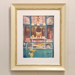 F6号】水森亜土 手描き作品/表裏サイン・裏描き有/油彩/アクリル/額縁