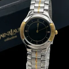 新品電池 稼働品 Yves Saint Laurent イヴサンローラン メンズ腕時計 クォーツ QZ 2針 黒文字盤 コンビ ゴールド シルバー 箱付きのサムネイル