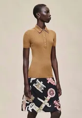 センス抜群！早い者勝ち！【ほぼ未使用】HERMES エルメス 26SS カシミヤ シルク ショート2A48スリーブ リブニット ポロシャツ 38 M ブラウン 2A48のサムネイル
