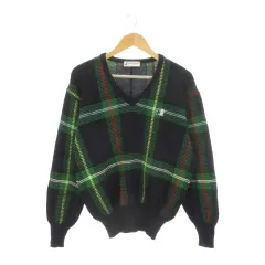 ブラック&ホワイト BLACK&WHITE ニット セーター ウール L 紺 ネイビー 緑 グリーン チェック柄 Vネック 長袖 /CK3 ■ECB006のサムネイル