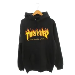 スラッシャー THRASHER プルパーカー 裏起毛 フレームロゴ ファイヤーロゴ プリント L 黒 ブラック 長袖 /AH39 ■ECB006のサムネイル