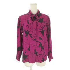 エマニュエル ウンガロ Emanuel Ungaro シャツ ブラウス 絹 シルク 9 紫 パープル モーヴ ジャカード サテン リーフ柄 長袖 ボウタイ /CK37 ■ECB006のサムネイル