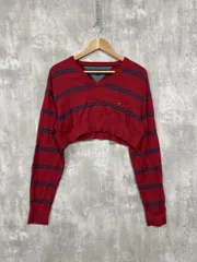 TOMMY HILFIGER トミーヒルフィガー クロップド丈 ボーダー ロゴ 刺繍 ショート丈 ニット セーター 赤 ◆■ レディースのサムネイル