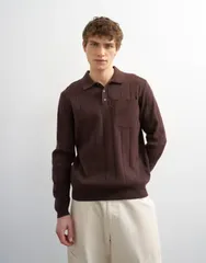 トップマン メンズ アウター ニット・セーター ポロシャツ Topman classic fit long sleeve pointelle knit polo BROWN ブラウンのサムネイル
