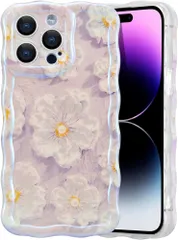 EYZUTAK ケース 対応 iPhone 14 Pro 用の 保護ケース柔軟なTPUカバー おしゃれ 可愛い 油絵の 花柄 薄型 軽量 カールボーダー携帯ケース 耐衝撃 スマホケース - ライトパープルのサムネイル