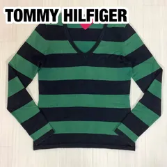 TOMMY HILFIGER トミーヒルフィガー カシミア混 Vネックニット セーター sizeM グリーン×ブラック ボーダー 刺繍ロゴ 着丈59cm 肩幅36.5cm 身幅(脇下)42cm 袖丈60.5cm【古着】のサムネイル