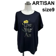 ◇ アルチザン ARTISAN Tシャツ 半袖 ラウンドネック 花刺繍 ドルマン調 ドロップショルダー ネイビー 綿 9 M 9号 レディース S6G039のサムネイル