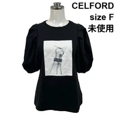 □ 未使用 セルフォード CELFORD Tシャツ 半袖 クルーネック バルーン袖 ドレスアートプリント  黒 コットン F 9号 レディース S6G077のサムネイル