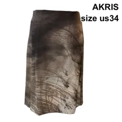 □ アクリス AKRIS タックフレアスカート ひざ丈 アシンメトリータック 風景プリント 裏地あり ブラウン系 毛 US34 M 9 レディース Z6D243のサムネイル