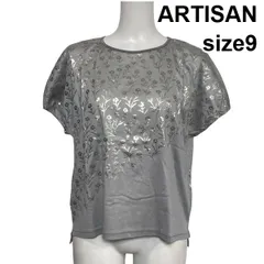 □ アルチザン ARTISAN プルオーバーカットソー Tシャツ 半袖 クルーネック 花柄 箔押し グレー  綿100％ 9 M 9号 レディース S6G026のサムネイル