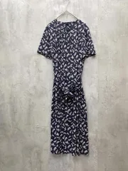 TRANS WORK トランスワーク 小花柄 リボンベルト付き Iライン Aライン 2WAY 半袖 ロング ワンピース 華やか きれいめ size38/ネイビー ■◆ レディースのサムネイル
