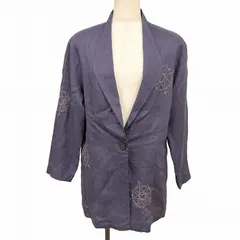 【中古】[印象B] LANCEL ランセル テーラードジャケット シャツジャケット レディース M (9) ネイビー 紺系 麻100% リネン100% やや薄手 刺繍 長袖 古着 肩パッド入り 1つボタン留め ポケット無し 筒袖 裏地無し ロングスリーブのサムネイル
