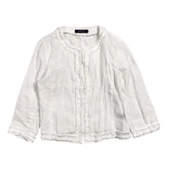 リネン100% UNITED ARROWS ユナイテッドアローズ フリンジ デザイン ノーカラー 7分袖 ジャケット 38/ホワイト レディースのサムネイル