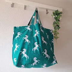 トートバッグ エコバッグ ハンドメイド 大容量 アフリカンプリント アフリカ布 馬 グリーンのサムネイル