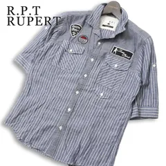 R.P.T RUPERT ルパート 春夏 襟ワイヤー★ 麻 リネン混 五分袖 ストライプ ワッペン 刺繍 ワーク シャツ 日本製 Sz.L メンズのサムネイル