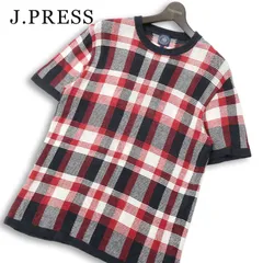 J.PRESS ジェイプレス 春夏★ 麻 リネン100％ 半袖 チェック柄 サマー ニット セーター 日本製 Sz.L メンズ ネイビーのサムネイル