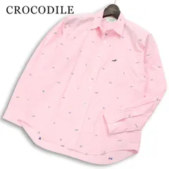 【美品】CROCODILE クロコダイル 通年★ 長袖 ロゴ刺繍 総柄 ワニ マリン柄 チェック シャツ Sz.M メンズ ピンクのサムネイル