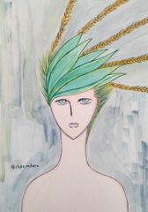 Akihiko Mihara, Salon d'Automne selected artist [MIDORI] Drawing Original Contemporary Art Small Painting Fine Art Interior Decor Illustration Drawing Abstract Painting Portrait Interior Coordination Watercolor Wall Art Portrait of a Beautiful Woman Portrait of a Woman Botanical Painting Green Art Colored Pencil Drawing