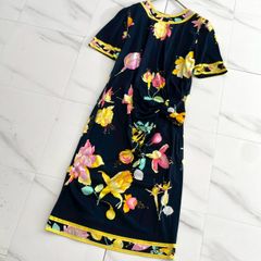 極美品/レオナール＊艶感花柄 ビジューボタン トリム ヴィンテージワンピース＊L 極美品/レオナール＊艶感花柄 ビジューボタン トリム ヴィンテージ