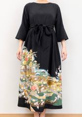一点物 着物リメイク ロングワンピース ドレス 黒留袖 正絹 作家物 花