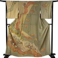 訪問着 身丈161.5cm 裄丈65cm M 袷 松井青々 落款 扇 菊 金糸 金銀彩 薄茶色 正絹 名品 【中古】のサムネイル