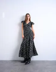 トップショップ レディース トップス ワンピース Vネック ミディ Topshop flutter sleeve v neck midi dress in mono spot Mono spotのサムネイル