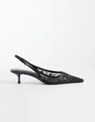 マンゴ レディース シューズ ヒール レース Mango lace detail pointed heeled slingbacks Black ブラックのサムネイル