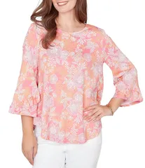 ルビーアールディー レディース トップス シャツ フラワー柄 フリル フラワー Ruby Rd Floral Scoop Neck 34 Ruffle Trim Sleeve Top Cotton Cのサムネイル