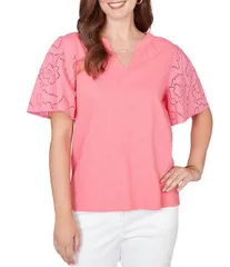 ルビーアールディー レディース トップス シャツ Vネック コットン ニット ジャージー Ruby Rd Cotton Jersey Knit Split VNeck Short Eyelet Sleのサムネイル