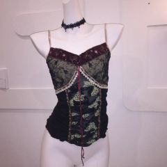 あ*様 Ozz croce 異素材切り替え 編み上げキャミソール 黒赤 龍 ドラ