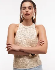 エイソス レディース トップス タンクトップ スパンコール ニット ASOS DESIGN sequin front knitop in cream クリームのサムネイル