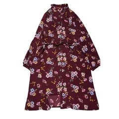 &LOVE アンドラブ 美品 シャツワンピース ロング丈 花柄 フリルネック リボン ベルト えんじ色 ウォッシャブル 洗える Lサイズのサムネイル