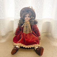 ビスクドール用 ドレス ジャケット ボネ 赤色 レッド グレー色地いちご