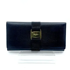 Salvatore Ferragamo　サルヴァトーレフェラガモ　長財布 ヴァラリボン　シボ加工　ブラック　レザー　ゴールド金具　メンズのサムネイル