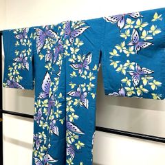 超美品 現代 本染 浴衣 着物 夏物 163裄67 ターコイズブルー 花みつこ