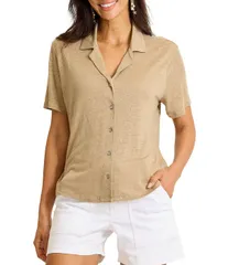 トッミーバハマ レディース トップス Tシャツ リネン Tommy Bahama Linnea Linen Slub Notch Collar Short Sleeve ButtonFront Camのサムネイル
