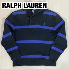 POLO BY RALPH LAUREN ポロバイラルフローレン ショールカラー スウェット トレーナー ボーダー 刺繍ポニー 裏起毛 M(10-12) 150cm ジュニアサイズ 着丈55cm 肩幅44.5cm 身幅(脇下)43cm 袖丈50cm【古着】のサムネイル