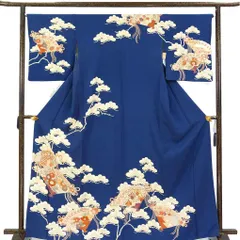 訪問着 身丈168cm 裄66cm 前幅24cm 後幅30.5cm 袖丈49cm 袖幅33.5cm レディース 袷 扇面 裄長 裄M-Lサイズ 秋冬春用 正絹（シルク）ネイビー トールサイズ やや難 リメイク リユース リサイクル【呉服のきくや】のサムネイル