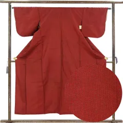紬 身丈153cm 裄64cm 前幅24.5cm 後幅28cm 袖丈45cm 袖幅32cm レディース 袷 無地 裄Mサイズ 秋冬春用 正絹（シルク）レッド 難有り リメイク リユース リサイクル【呉服のきくや】のサムネイル
