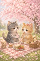 560 桜と子猫の春ピクニック♡ 癒し系イラスト 高画質 デジタルアートのサムネイル