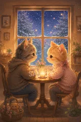 561幻想的な猫のイラスト｜冬の夜・キャンドル・癒し系アートのサムネイル