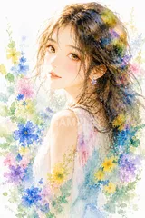 562 水彩風 少女イラスト フラワーアート 高画質 アートポスター風のサムネイル