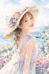 563 水彩画風 夏の少女 イラスト デジタルアート 2Lサイズのサムネイル