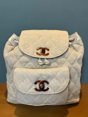 CHANEL シャネル　ヴィンテージ リュックサック べっ甲風 プラチェーン ココマーク キルティング リネン ベージュのサムネイル