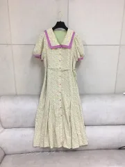 フローラル パータン パフスリーブ セーラー カラ シフォンワンピース (ライトグリーン/PURPLE パープル)のサムネイル