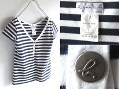 00s agnes b. アニエスベー コットン スナップ釦 ヘンリーVネック 半袖 ボーダーカットソー Tシャツ 2 ネイビー ホワイト 日本製のサムネイル