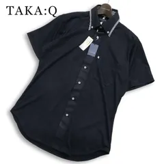 【新品 未使用】 TAKA:Q タカキュー 春夏★ 半袖 スリム チェック 切替 ボタンダウン シャツ Sz.M メンズ 紺 ネイビーのサムネイル